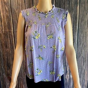 E & M size large lavender polka dot top with yellow flower pattern